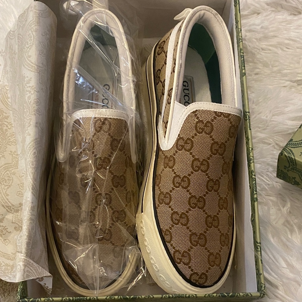 Gucci Tan and White Slip-On Shoes